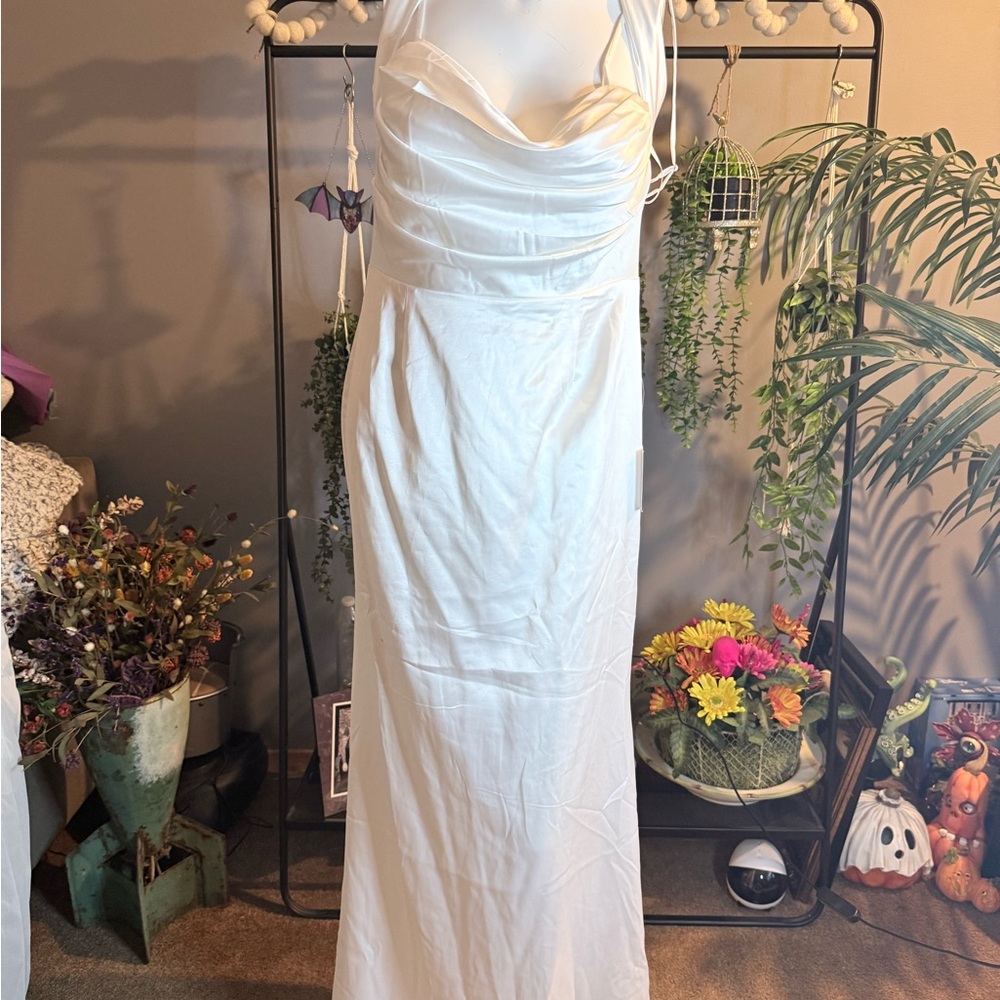 Lulu's White Satin-Style Cowl Neck Wedding Maxi Dress